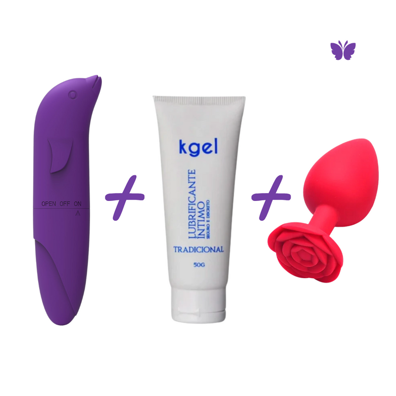 KIT PLUG ANAL + VIBRADOR GOLFINHO + GEL LUBRIFICANTE