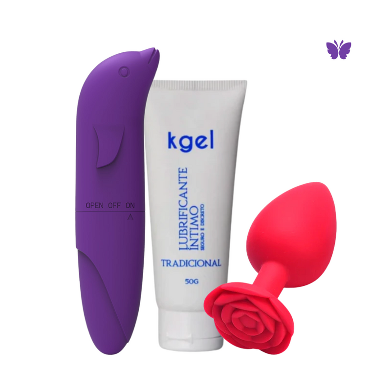 KIT PLUG ANAL + VIBRADOR GOLFINHO + GEL LUBRIFICANTE