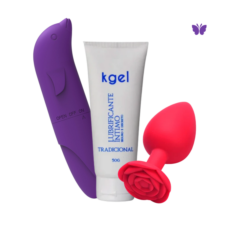 KIT PLUG ANAL + VIBRADOR GOLFINHO + GEL LUBRIFICANTE